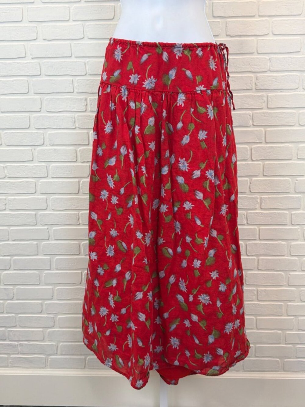 J.Crew Floral Midi Skirt Red Ramie Tie-Waist Large